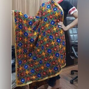 Women’s beautiful multicolor and gold border shawl or stole. NEVER USED.